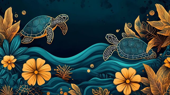World Turtle Day celebration in bohemian flat illustration style, showcasing a variety of turtle-related elements like shells, ocean waves, and tropical plants, with a unique and harmonious color