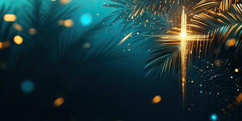 Christian palm sunday background, abstract light lines, shining cross and palm branches, life after death concept