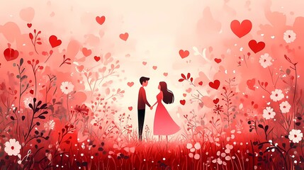 Flat illustration of Couple Appreciation Day, showcasing a romantic scene of a couple holding hands, surrounded by hearts, flowers, and soft lighting, with a harmonious and unique color palette of pin