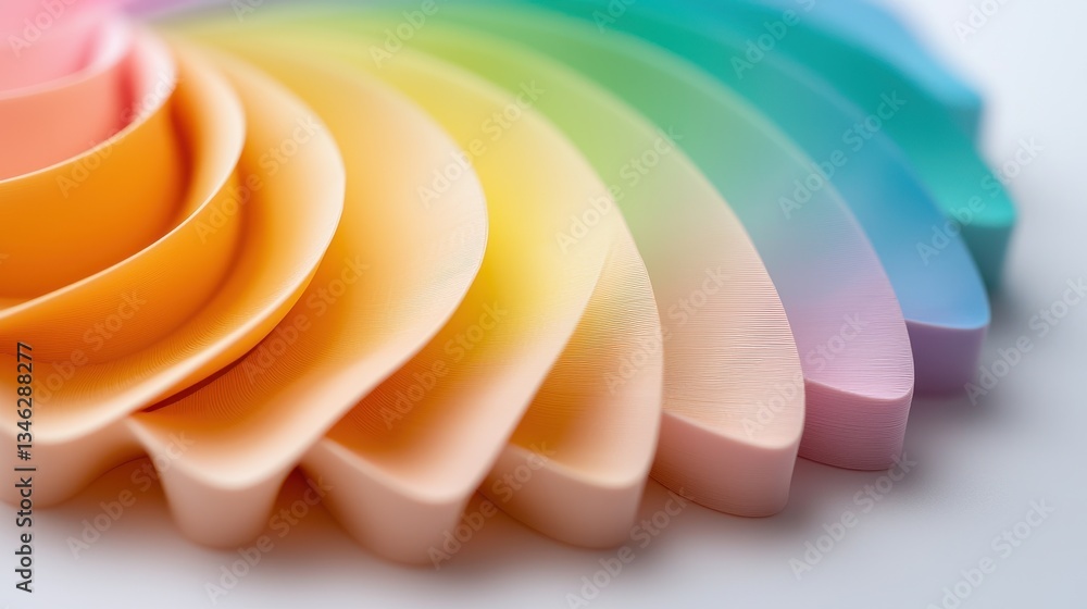 Poster a vibrant arrangement of layered, curved shapes in pastel colors, creating a visually appealing grad