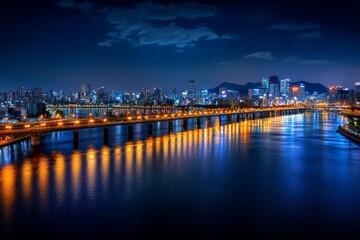 Fototapeta premium A night cruise along the Osaka river, with bridges glowing under city lights and reflections dancing on the water