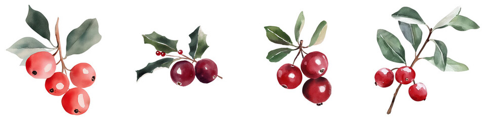 Obraz premium Green leaves and red berries of holly are the subject of a watercolor illustration