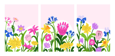 Summer flowers, cards set. Floral backgrounds, botanical card designs with spring blossoms, blooming plants. Beautiful gorgeous garden nature, vertical posters. Colored flat vector illustrations
