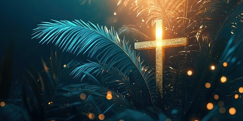 Christian palm sunday background, abstract light lines, shining cross and palm branches, life after death concept