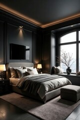Sophisticated Dark Bedroom Interior Design Featuring a Plush Bed, Elegant Nightstands, and a Large Window with a City View
