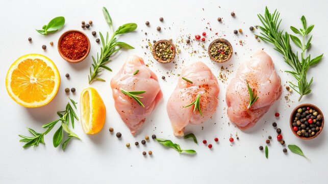 Fresh raw chicken with spices isolated on white background 