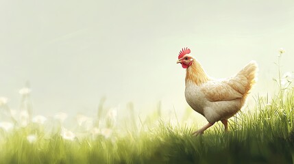 Fototapeta premium Chicken Walking Through Green Grass in Soft Morning Light