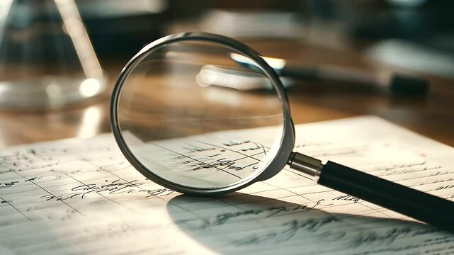 Close-up of a magnifying glass focusing on a written hypothesis