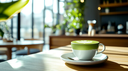 Fototapeta premium Close-up of matcha latte art in a bright café. Green tea beverage with a heart design on a light wooden table. Relaxing cafe scene.