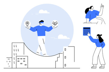 Person balancing above city holding lightbulb and handshake icons, surrounded by two collaborators. Ideal for teamwork, innovation, urban planning, leadership, collaboration, creativity, balance