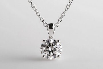 Fototapeta premium A minimalistic single diamond solitaire pendant necklace, hanging subtly against a bright white background.