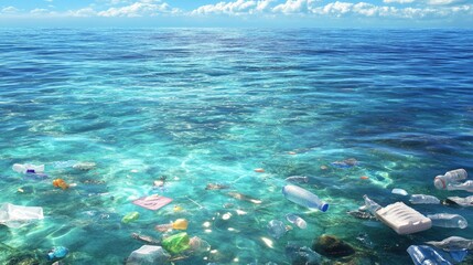 Obraz premium Pollution in Ocean With Various Debris and Trash on Water Surface