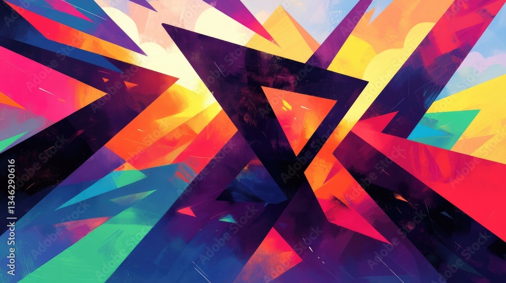 Poster an abstract geometric composition featuring vibrant colors and triangular shapes