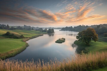 Serene Sunrise Lake for Misty Landscape.
