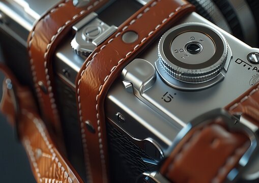 Close-up of vintage camera with leather strap detail.