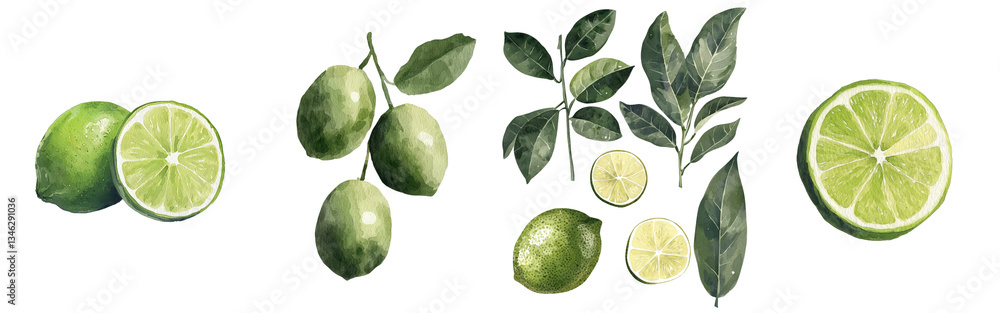 Poster on an isolated background, a lime branch adorned with green leaves has been meticulously captured in