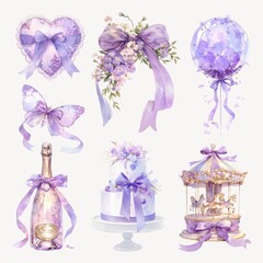 Watercolor purple coquette design element set
