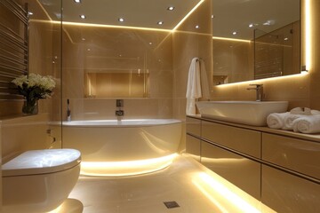 Luxurious bathroom with warm lighting featuring bathtub, sink, toilet, and mirror