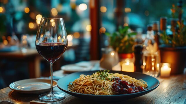 Pasta with red sauce on plate with glass of wine near window with blurred lights at restaurant on table at dinner time