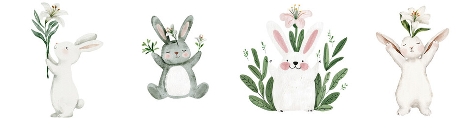 Obraz premium This watercolor illustration showcases a cute little animal, a bunny, surrounded by flowers, specifically lilies, on a white background