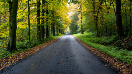Fototapeta premium Asphalt Road Through Lush Green Forest Lined With Tall Trees And Scattered Autumn Leaves Under Bright Sunlight