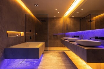 Contemporary bathroom boasting ambient led lighting, a sleek bathtub, and modern sinks, creating a relaxing and stylish atmosphere