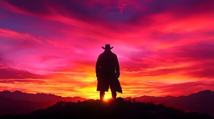 Obraz premium Weathered Cowboy Silhouetted Against Fiery Sunset in Moody Frontier Landscape