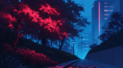 A futuristic city landscape with red trees and buildings