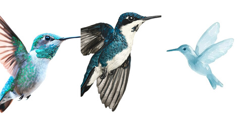 A watercolor illustration of beautiful birds, specifically a hummingbird, is presented in isolation on a white background, showcasing an exotic bird