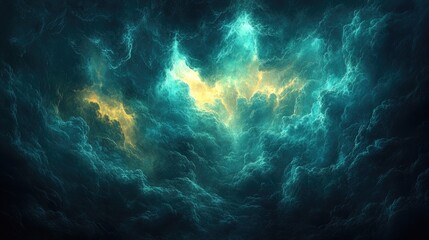 Epic storm clouds, glowing, ethereal sky. Potential use Stock photo for abstract background design, fantasy movie poster, or gaming backdrop