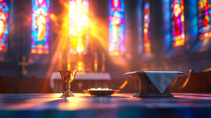 Serene church interior with stained glass and altar details