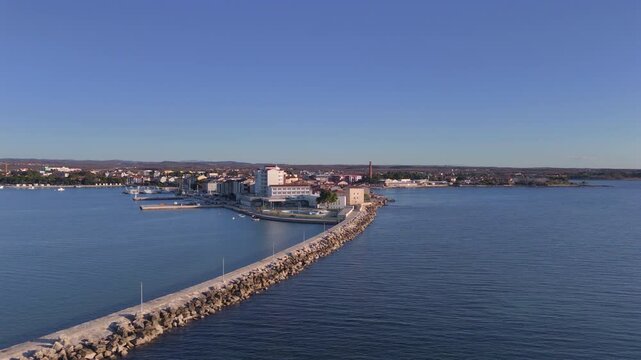 Aerial View of Coastal Town Umag with Promenade and Clear Blue Sea
