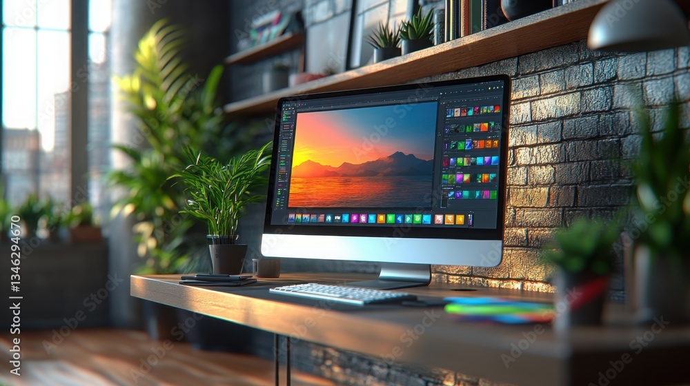 Poster modern graphic designer desk with computer displaying colorful digital art software, creative design
