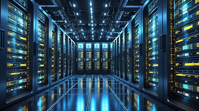 High-Tech Data Center with Server Racks and Bright LED Lights in a Modern Digital Infrastructure Environment

