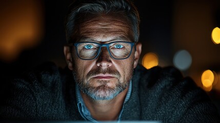 Man with glasses focuses intently on computer screen in dimly lit room during nighttime hours