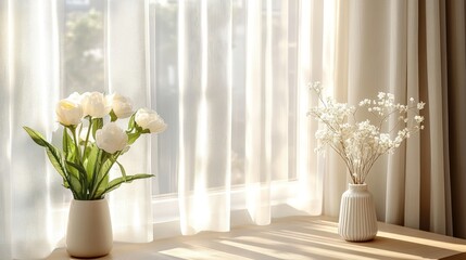 Sunlight streams through sheer curtains, illuminating a windowsill adorned with delicate floral arrangements