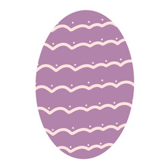 An oval-shaped Easter egg in muted violet, adorned with wavy cream stripes and delicate white dots. The simple design reflects a cozy and cheerful holiday spirit. 