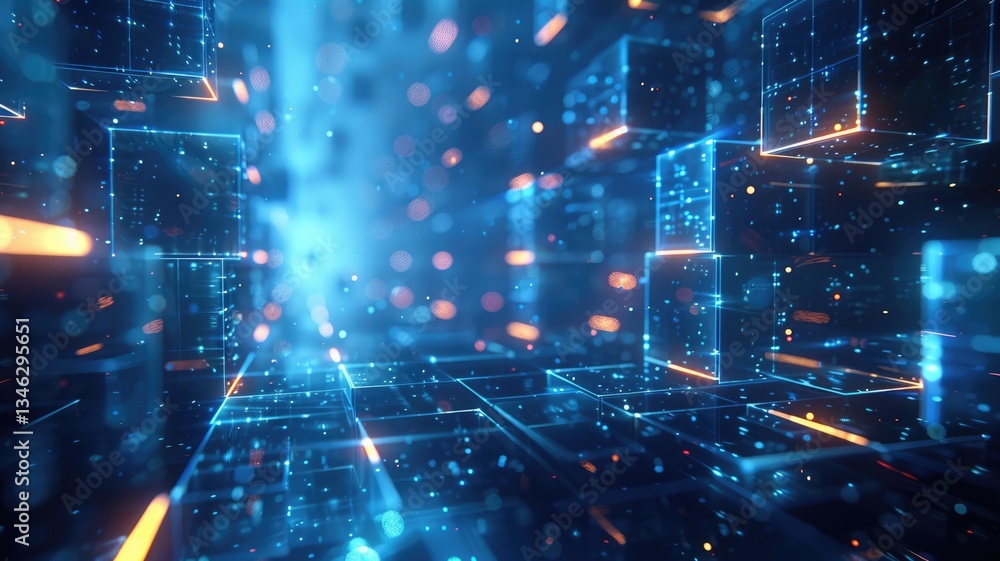 Poster explore an abstract technology background featuring dimensional elements and glowing particles. this