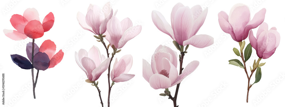 Poster a set of botanical flowers with magnolia flowers includes a greeting card featuring an isolated wate
