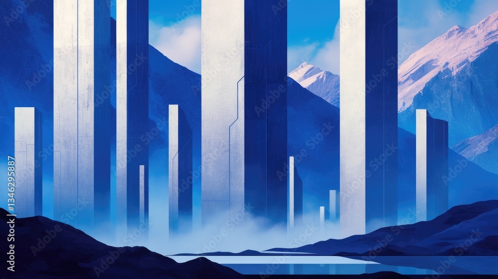 Poster abstract landscape featuring vertical structures mountain ranges and open sky