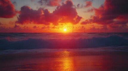 The beautiful sunset over the ocean with wind turbine silhouettes