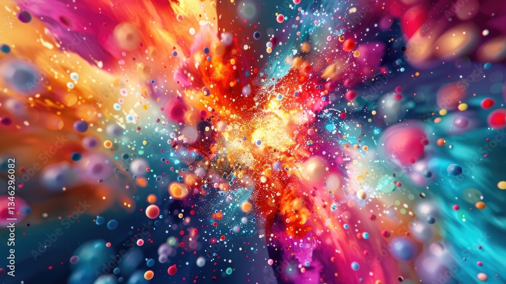 Poster abstract explosion with bright particles and dynamic motion. digital art for design with vibrant col
