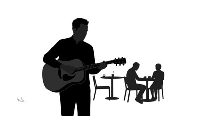 Silhouette of Musicians Singing Songs, Creating a Live Music Atmosphere in a Cafe or Restaurant Area