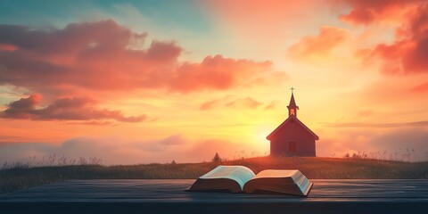 Obraz premium Sunset Behind a Small Church With an Open Book Resting on a Wooden Table