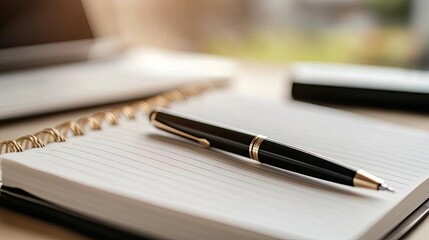 Elegant Black Pen on Open Notebook with Blank Pages and Green Background