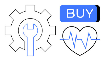 Gear with wrench in center, heart with heartbeat line inside, and BUY button. Ideal for technology, health, ecommerce, fitness, diagnostics, services, repair concepts. Line metaphor