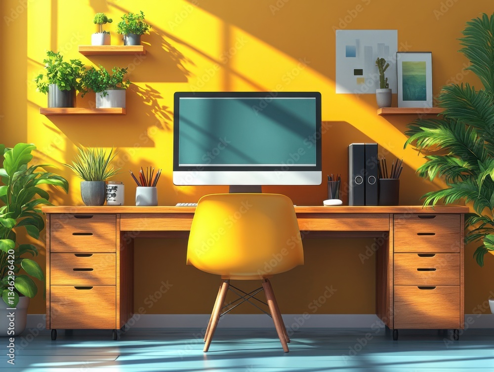 Poster 3d illustration of a modern graphic designer's desk with a computer displaying colorful digital art 