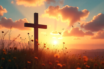 Easter Religious concept: The cross on meadow autumn sunrise background. Symbol of Faith and Hope