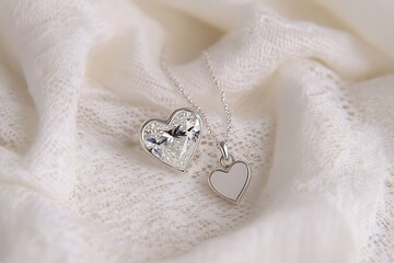 A modern heart-shaped diamond ring paired with a delicate heart pendant necklace, elegantly placed on a white lace cloth.
