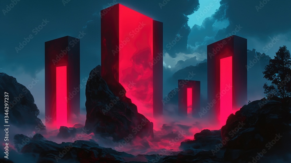 Poster several large red rectangular structures stand in a moody landscape setting